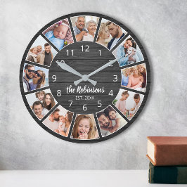 Gepersonaliseerde foto Collage Black Wood Familie Ronde Klok