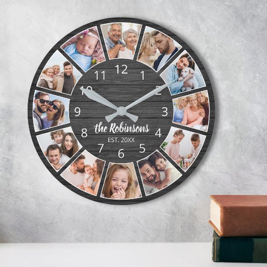 Gepersonaliseerde foto Collage Black Wood Familie Ronde Klok