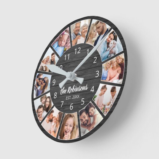 Gepersonaliseerde foto Collage Black Wood Familie Ronde Klok (Hoek)