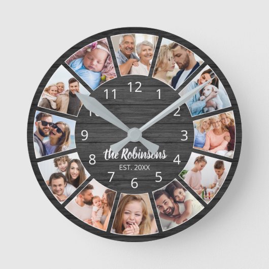 Gepersonaliseerde foto Collage Black Wood Familie Ronde Klok (Voorkant)