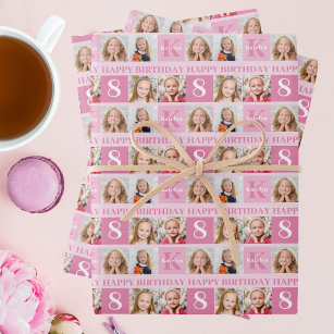 Gepersonaliseerde foto collage Cute Pink Girl Birt Inpakpapier Vel