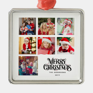 Gepersonaliseerde foto collage familienaam metalen ornament
