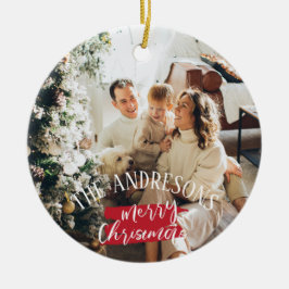Gepersonaliseerde foto en naam kerst keramisch ornament