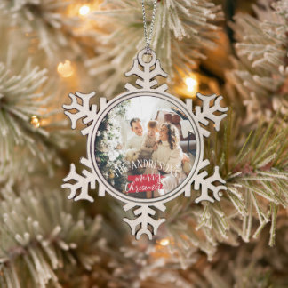 Gepersonaliseerde foto en naam kerst tin sneeuwvlok ornament