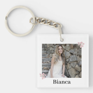 Gepersonaliseerde foto en naam Pink Floral Sleutelhanger