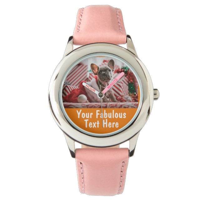 Gepersonaliseerde foto en tekst Girly Sinaasappel Horloge (Voorkant)