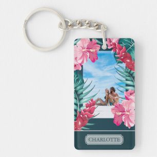Gepersonaliseerde foto Exotic Summer Flowers Monog Sleutelhanger