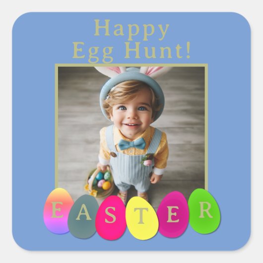 Gepersonaliseerde foto Fun Egg Hunt Pasen Blauw Ge Vierkante Sticker (Voorkant)