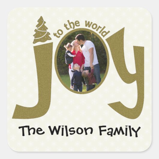 Gepersonaliseerde foto Glitter Joy to the World Vierkante Sticker (Voorkant)