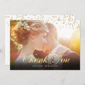 Gepersonaliseerde foto Gold Confetti Script Dank u Bedankkaart (Voorkant / Achterkant)