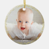 Gepersonaliseerde Foto Goud Greenery Krans Doop Keramisch Ornament (Voorkant)