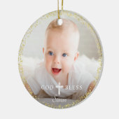 Gepersonaliseerde Foto Goud Greenery Krans Doop Keramisch Ornament (Links)