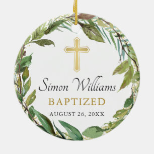 Gepersonaliseerde Foto Goud Greenery Krans Doop Keramisch Ornament