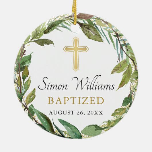 Gepersonaliseerde Foto Goud Greenery Krans Doop Keramisch Ornament (Achterkant)