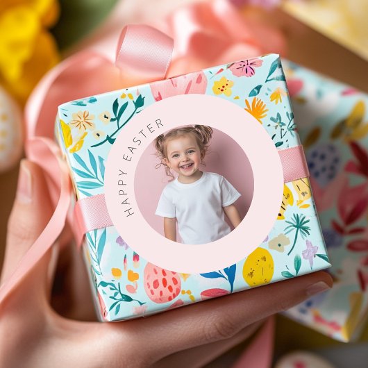 Gepersonaliseerde foto Happy Easter Pink Ronde Sticker