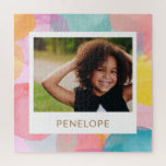 Gepersonaliseerde Foto Heldere Kleurrijke Waterver Legpuzzel<br><div class="desc">Deze kleurrijke waterverf puzzel heeft speelse cirkels en stippen in heldere pasteltinten, gepersonaliseerd met de naam en foto van je kleinkind. Het is een leuke en unieke herinnering die een doordacht cadeau maakt voor grootouders, ouders of iedereen die van een persoonlijke touch houdt. Perfect voor familie game avonden of een...</div>