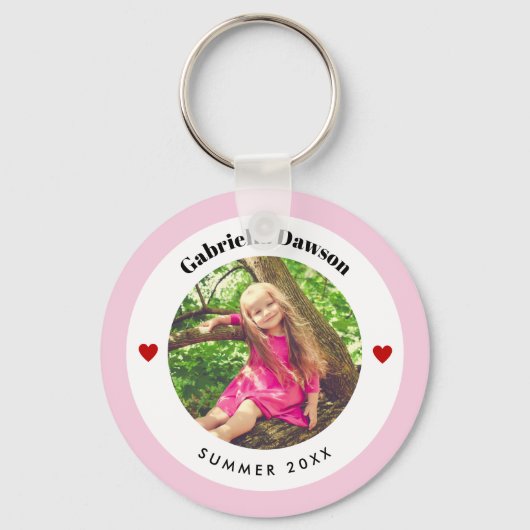 Gepersonaliseerde Foto in Baby roze witte cirkelha Sleutelhanger (Voorkant)