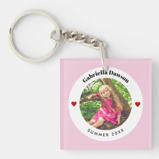 Gepersonaliseerde Foto in Baby roze witte cirkelha Sleutelhanger (Voorkant)
