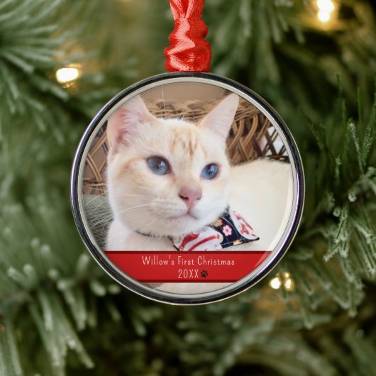 Gepersonaliseerde foto Kat's Eerste Kerstmis Metalen Ornament (Boom)