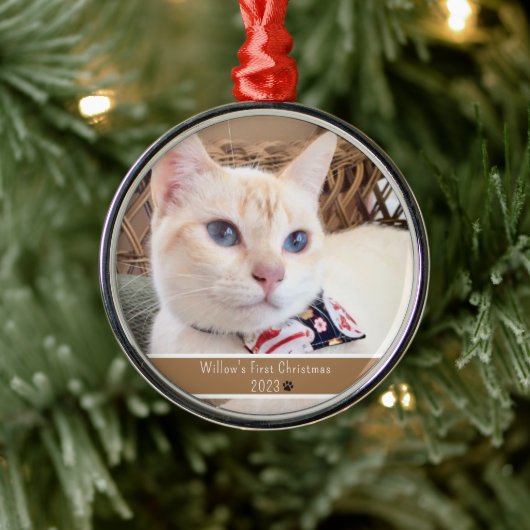 Gepersonaliseerde foto Kat's Eerste Kerstmis Metalen Ornament (Boom)