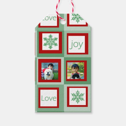 Gepersonaliseerde foto Kerstmis Rode en Groene Ple Cadeaulabel (Voorkant)