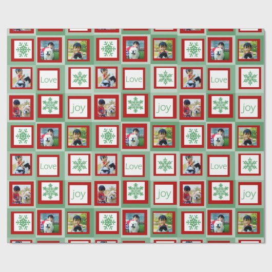 Gepersonaliseerde foto Kerstmis Rode en Groene Ple Cadeaupapier (Vlak)