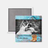 Gepersonaliseerde foto magneet blauw hout schuur d (Voorkant / Achterkant)