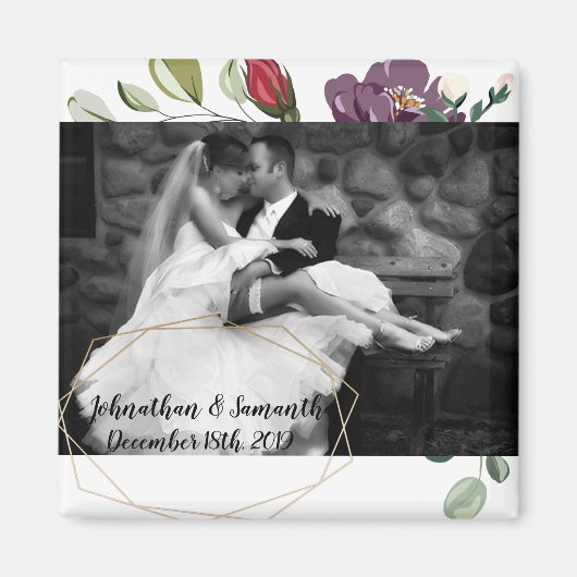 Gepersonaliseerde foto magneet witte rozen gouden  (Voorkant)