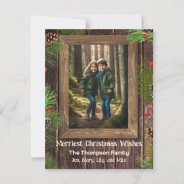 Gepersonaliseerde foto met dennenboom rustiek hout feestdagenkaart