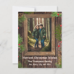 Gepersonaliseerde foto met dennenboom rustiek hout feestdagenkaart