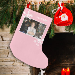 Gepersonaliseerde foto met roze witte sneeuwvlokke kleine kerstsok
