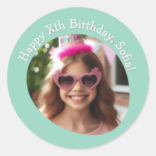 Gepersonaliseerde foto naam en leeftijd Happy Birt Ronde Sticker