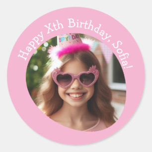 Gepersonaliseerde foto naam en leeftijd Happy Birt Ronde Sticker