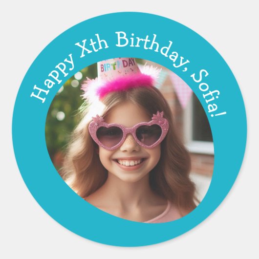 Gepersonaliseerde foto naam en leeftijd Happy Birt Ronde Sticker (Voorkant)