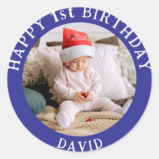 Gepersonaliseerde foto, naam en leeftijd Verjaarda Ronde Sticker (Voorkant)