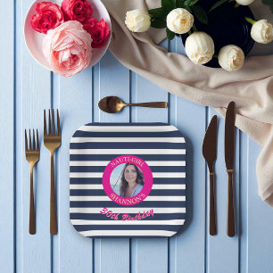 Gepersonaliseerde foto Nautical Stripe Verjaardag Papieren Bordje