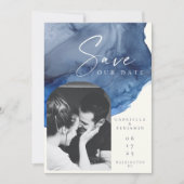 Gepersonaliseerde foto Navy Blue Waterverf bruilof Save The Date (Voorkant)