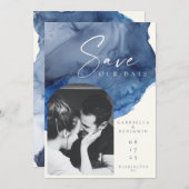 Gepersonaliseerde foto Navy Blue Waterverf bruilof Save The Date (Voorkant / Achterkant)