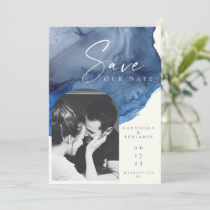 Gepersonaliseerde foto Navy Blue Waterverf bruilof Save The Date
