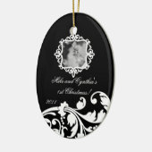Gepersonaliseerde foto-ornament Black White Floral Keramisch Ornament (Links)
