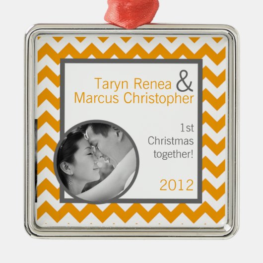 Gepersonaliseerde Foto Ornament Geel Grijs Chevron (Voorkant)