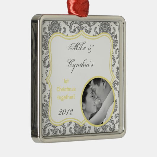 Gepersonaliseerde Foto Ornament Grijs Yello Damask (Rechts)