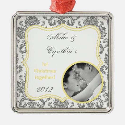 Gepersonaliseerde Foto Ornament Grijs Yello Damask (Voorkant)