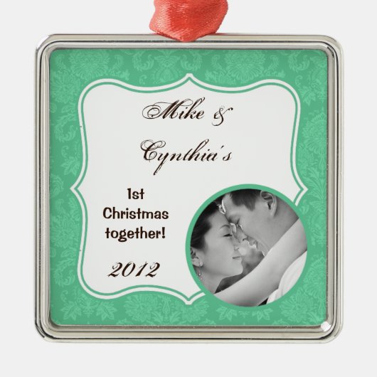 Gepersonaliseerde Foto Ornament Mint Wit Damask Ka (Voorkant)