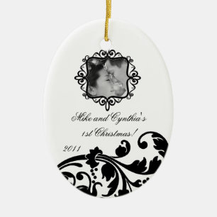 Gepersonaliseerde Foto Ornament Zwart Wit Bloemen