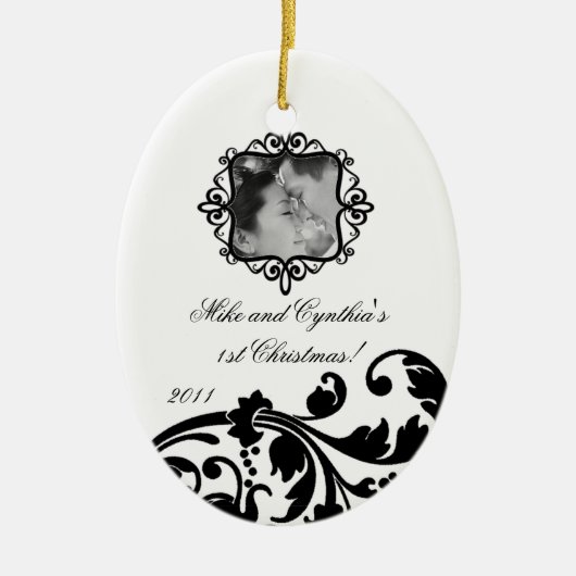 Gepersonaliseerde Foto Ornament Zwart Wit Bloemen (Voorkant)
