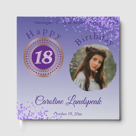 Gepersonaliseerde foto Paarse glitter, 18e verjaar Gastenboek (Voorkant)