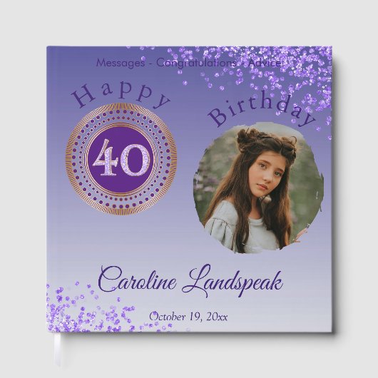 Gepersonaliseerde foto Paarse glitter, 40e verjaar Gastenboek (Voorkant)