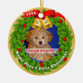 Gepersonaliseerde foto Puppy's 1e kerstversiering Keramisch Ornament (Voorkant)