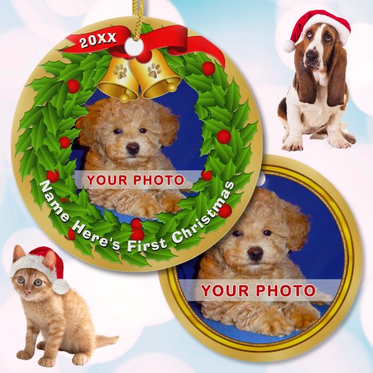 Gepersonaliseerde foto Puppy's 1e kerstversiering Keramisch Ornament